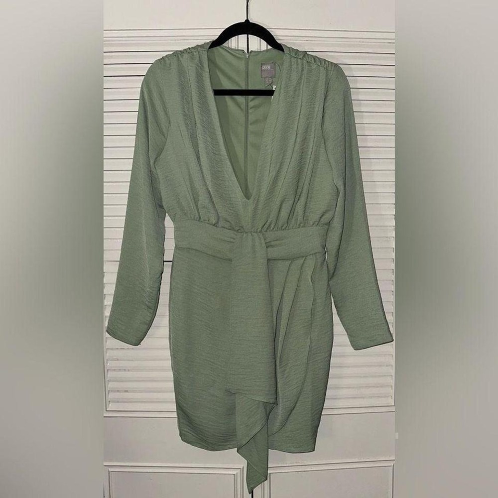 Asos Women's Sage Green Long Sleeve Plunge Mini Dress Wrap Drape Skirt Size 6‎